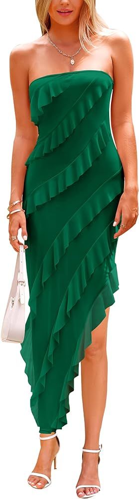 PRETTYGARDEN Womens Strapless Tube Asymmetrical Ruffle Maxi Bodycon Dress | Amazon (US)