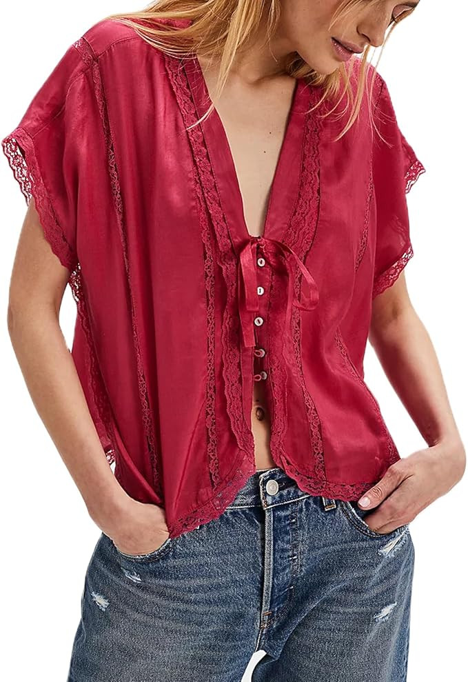 Women Y2k Sheer Lace Trim Button Up Tank Tops Cute Front Tie Up V Neck Going Out Blouse Shirts Ve... | Amazon (US)