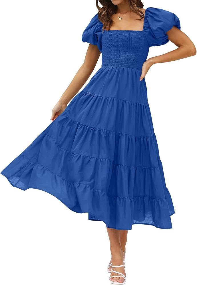 ZESICA Women's 2023 Summer Square Neck Short Puff Sleeve Solid Color High Waist Casual Smocked Fl... | Amazon (US)