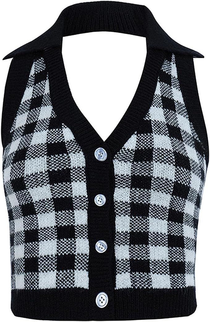 Amazon.com: Hemlock Women Knit Vest Cropped Tops Plaid Sweater Vest Tank Tops Halter Sleeveless K... | Amazon (US)