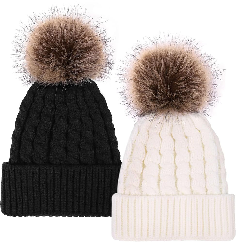 Simplicity Womens Winter Beanies Hand Knit Faux Fur Pompoms Beanie Hats | Amazon (US)