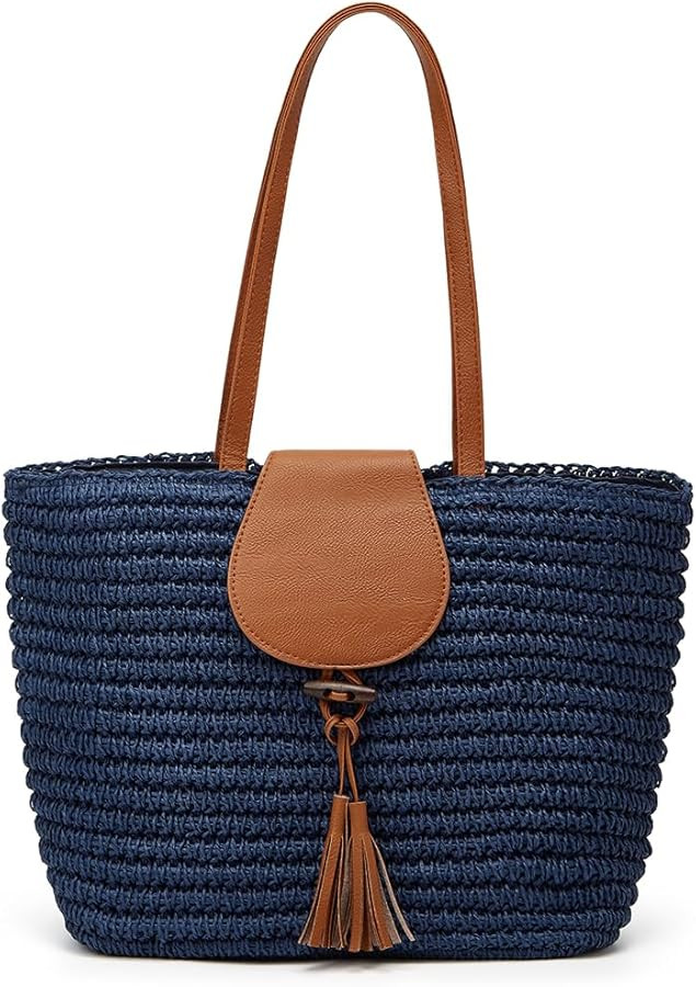 Summer Hand-woven Straw Shoulder Bags for Women Large Woven Beach Tote Purse Vacation Top Handle ... | Amazon (US)