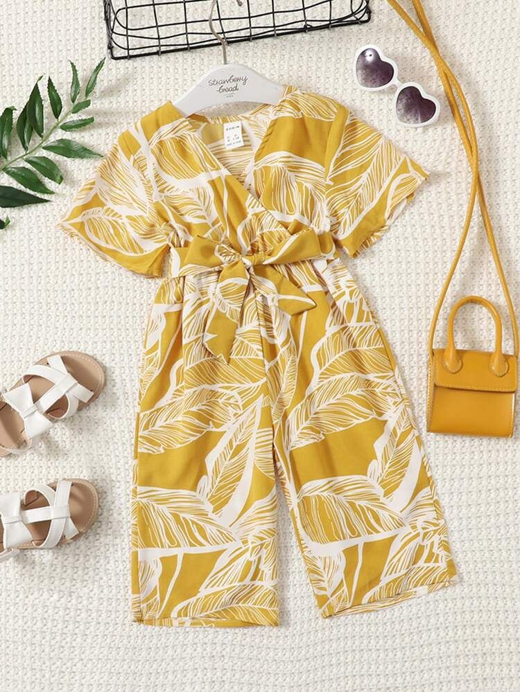 SHEIN Baby Tropical Print Wrap Belted Jumpsuit | SHEIN