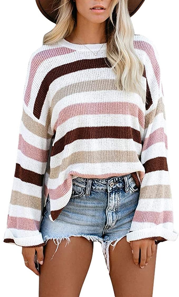 Rainbow Milk Women Sweater Long Sleeve Crew Neck Color Block Striped Oversized Casual Knit Pullov... | Amazon (US)