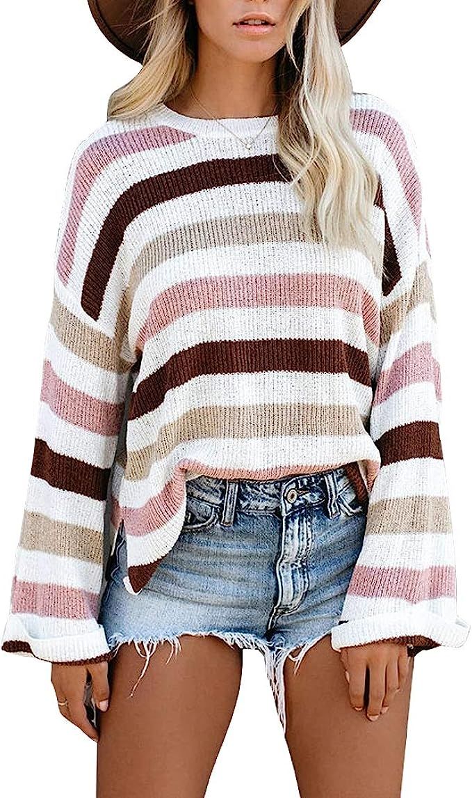 Rainbow Milk Women Sweater Long Sleeve Crew Neck Color Block Striped Oversized Casual Knit Pullov... | Amazon (US)