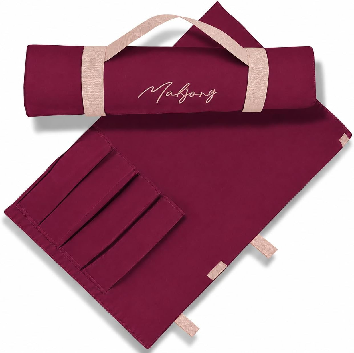 American Mahjong Rack Storage Bag – Roll-Up Canvas Carrier Fits 4 Racks & Pushers – Portable Protective Sleeve Organizer for Travel & Club – Mah Jongg Accessories Gift (Bag Only) (Claret) | Amazon (US)