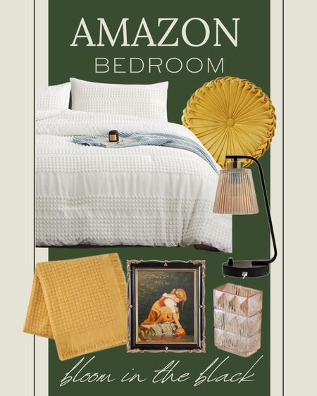 Amazon bedding and bedroom decor in cream, yellow, black, and gold. Vintage frame, bedside lamp, textured comforter. 

#LTKCyberWeek #LTKhome #LTKsalealert
