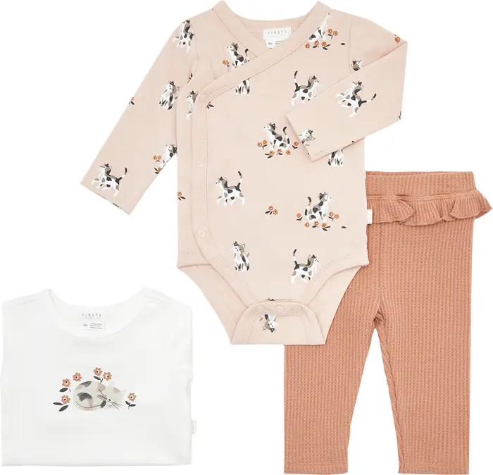 Kitten Print 3-Piece Stretch Organic Cotton Bodysuits & Solid Leggings Set | Nordstrom