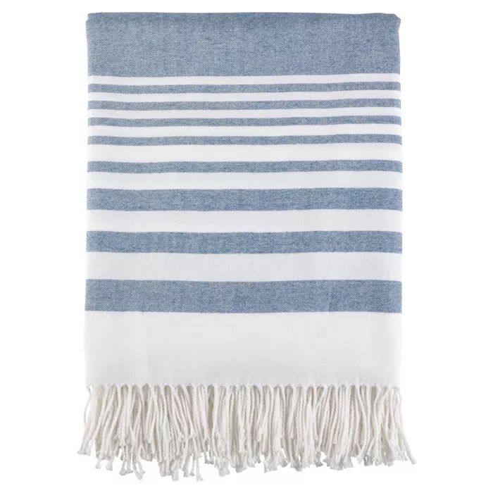 Navy Blue Stripe Pattern Fringe Throw Blankets (50"x60") - Saro Lifestyle | Target