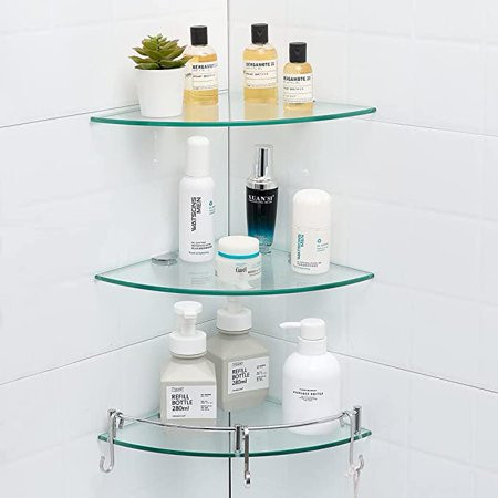 Bathroom Shelf 3 Tier Shower Glass Corner Shelves with 3 Hangers — Shampoo Basket Holder — Bathroom  | Walmart (US)