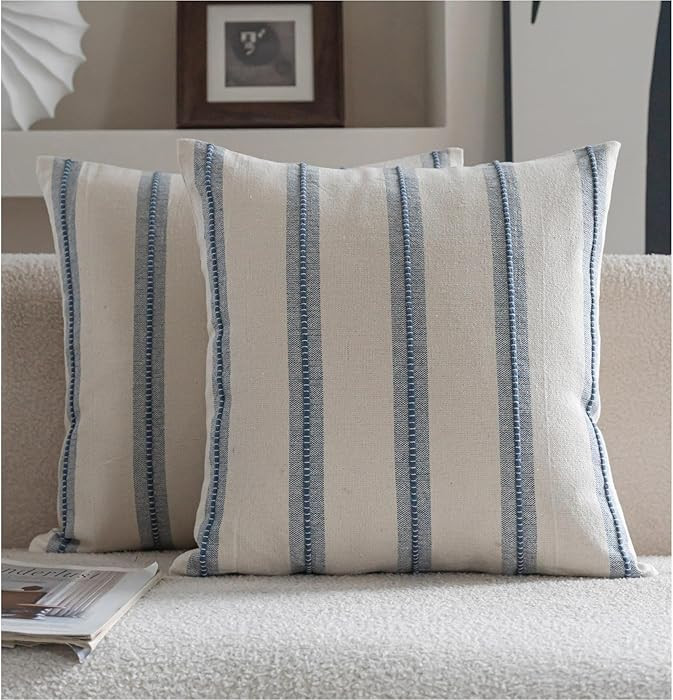 Boho Throw Pillow Covers 18x18 Set of 2, Beige and Blue Striped Decorative Pillow Cases for Couch... | Amazon (US)