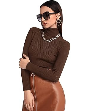 SweatyRocks Women's Long Sleeve Turtleneck Ribbed Knit Pullover Sweater Top | Amazon (US)