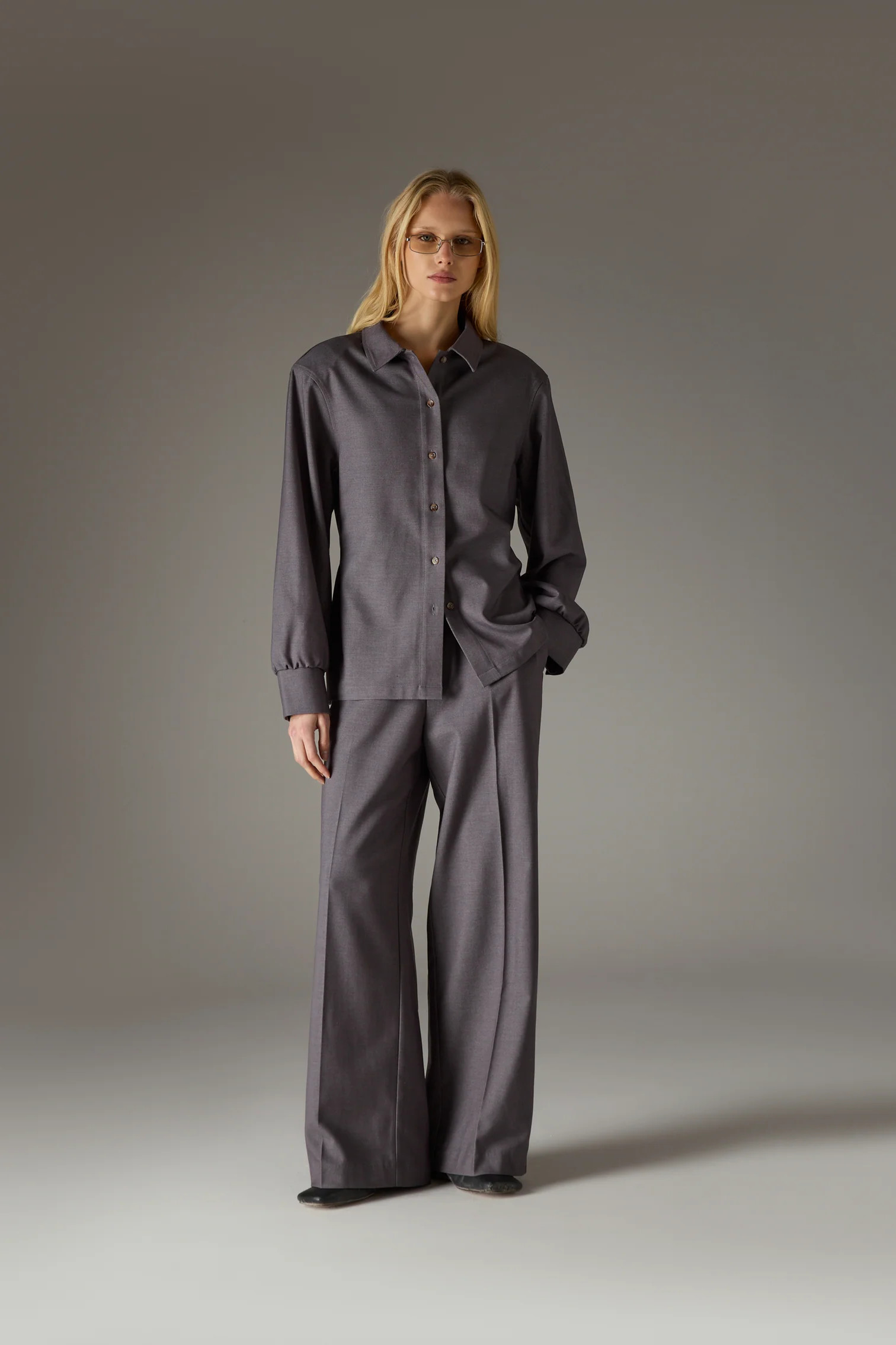 TAILORED SHOULDER PADDED SHIRT - GREY | The Couture Club