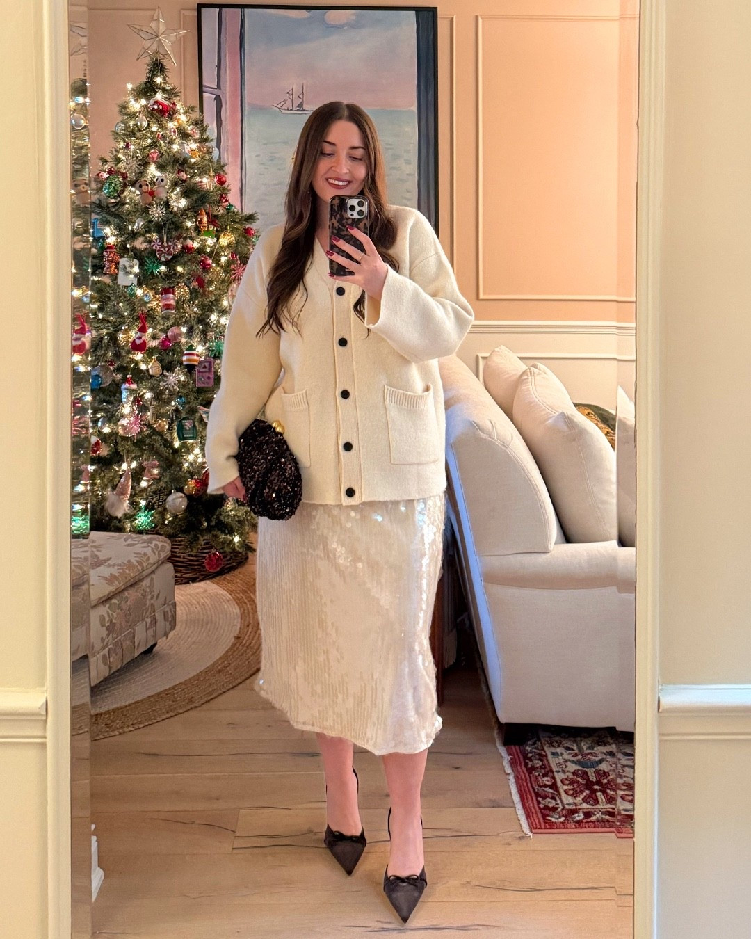 Winter outfit / holiday outfit / Christmas party outfit / sequin skirt / cardigan / midsize / holiday date night / Office outfit 

Sizing: XL in skirt & shaper / L in cardigan

#LTKholiday #LTKmidsize #LTKcurves