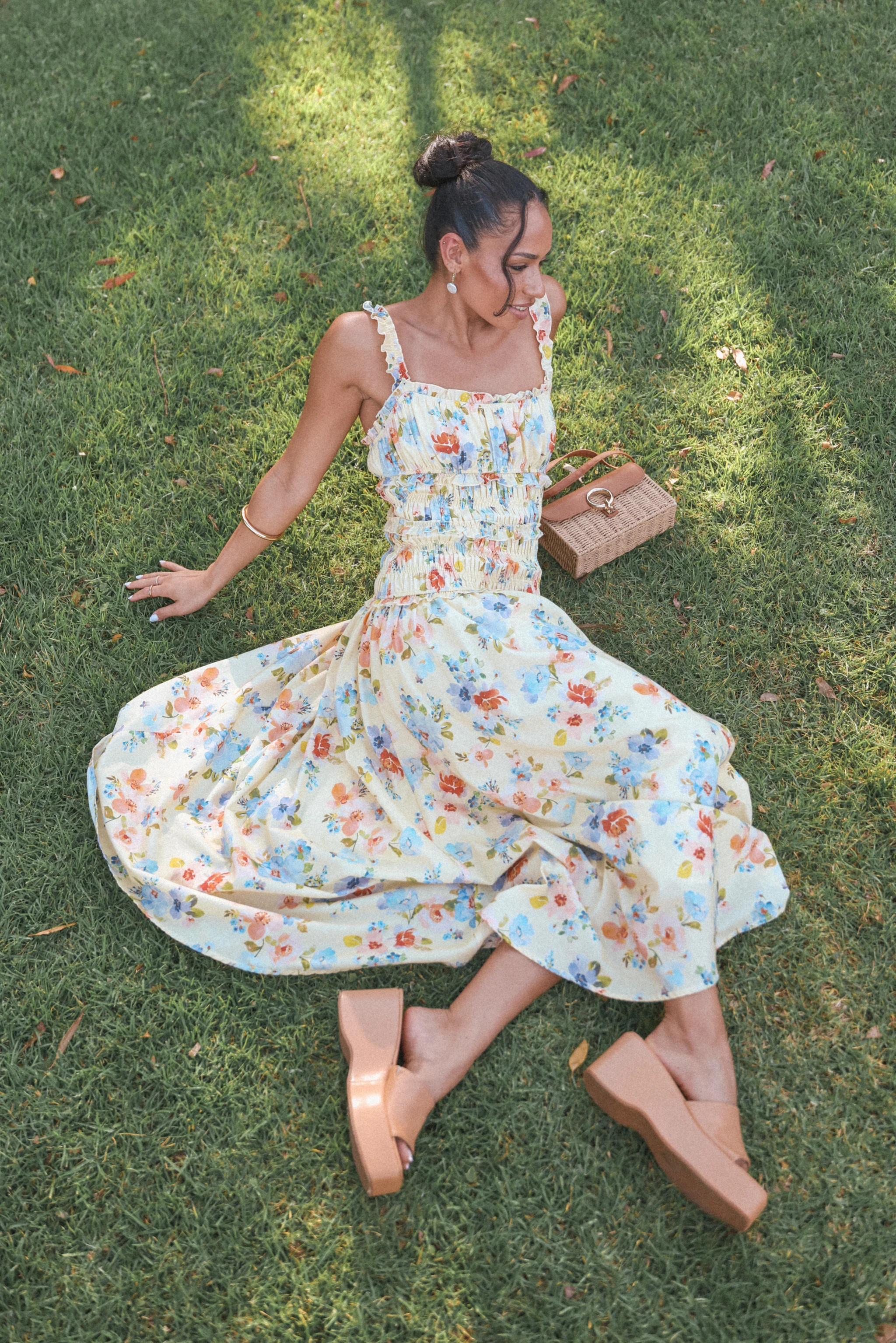 Enola Gather Midi Dress - Yellow Floral | Petal & Pup (US)