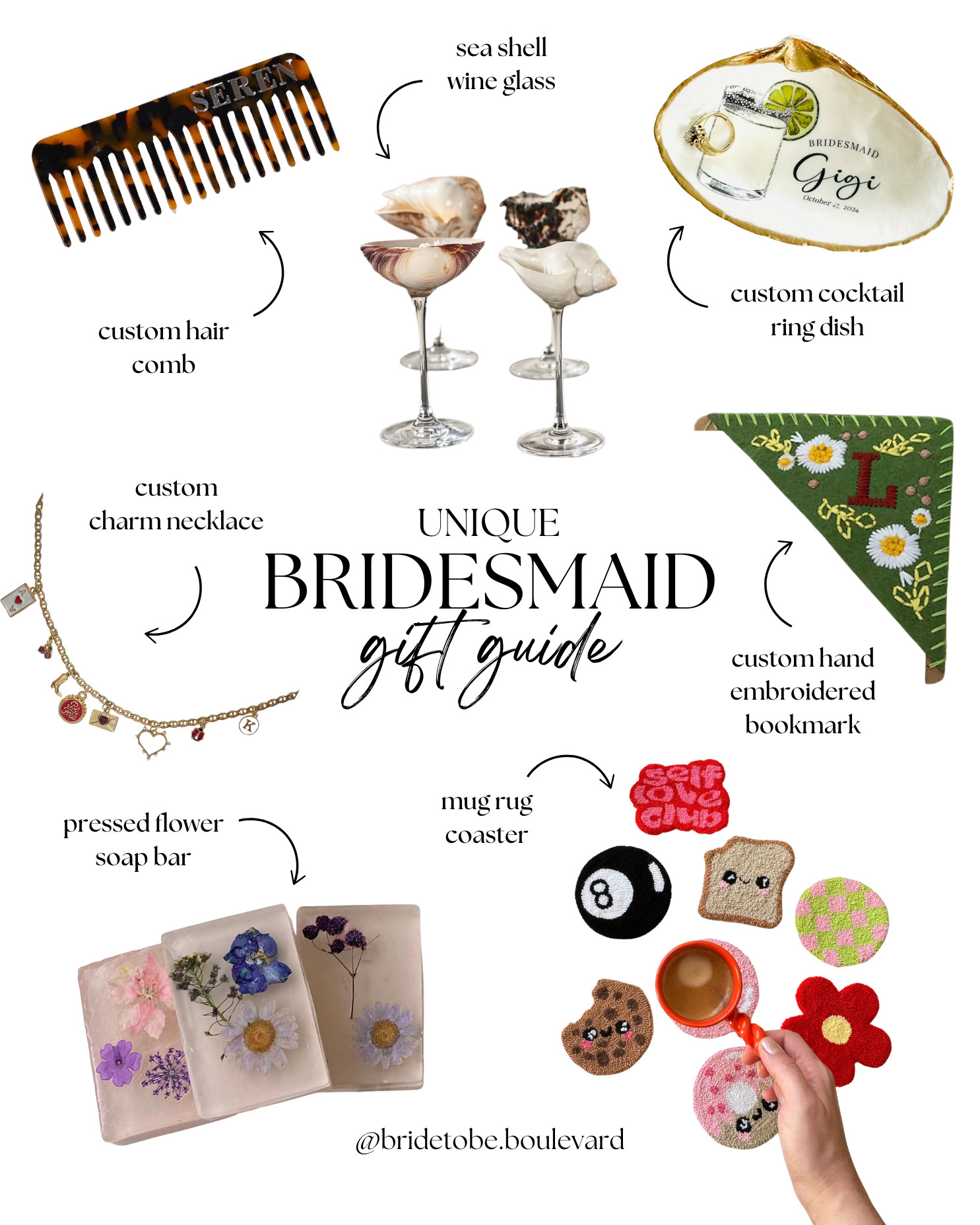 🎁 Unique Bridesmaid Gift Ideas They'll Actually Love 🎁
Tired of the same old bridesmaid gifts? These handpicked finds are thoughtful, stylish, and totally unique — perfect for showing your bridal party just how much they mean to you 💐✨

Featuring:
— Pressed flower soap bars that are almost too pretty to use 🌸
— Seashell cocktail glasses for sipping in style by the sea 🍸
— A custom charm necklace for a meaningful keepsake they'll wear again 💖
— A mug rug coaster that's cute and practical for their daily coffee or tea ☕
— A personalized cocktail ring dish to keep their favorite jewelry safe 💍
— A custom embroidered bookmark for your book-loving besties 📚
— A custom name hair comb that feels like modern heirloom magic ✨

These gifts go beyond basic — they're thoughtful tokens your bridesmaids will truly treasure.

#BridesmaidGiftGuide #BridesmaidGifts #CustomBridesmaidGifts #UniqueBridesmaidGifts #WeddingGiftIdeas #WeddingPartyGifts #ThoughtfulGifting #BridalPartyIdeas #BridesmaidInspo #LTKWeddingGifts #BrideToBeBoulevard #BridesmaidStyle #WeddingPlanningMadeEasy 

 #LTKGiftGuide #LTKParties #LTKWedding