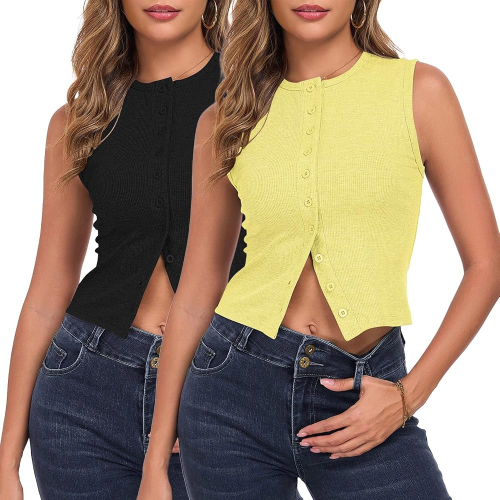 Womens Button Down Tank Tops Ribbed Spring Summer Vest Sleeveless T Shirts Sexy Crop Y2K Going Ou... | Amazon (US)