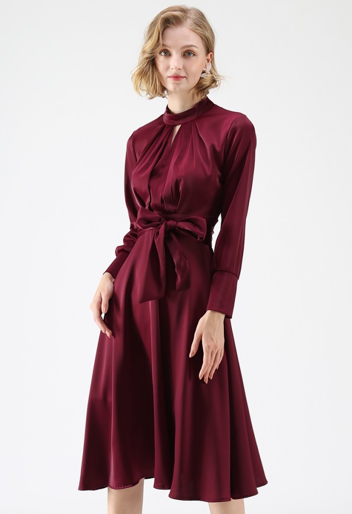 Grab the Spotlight Bowknot Satin Dress in Wine | Chicwish