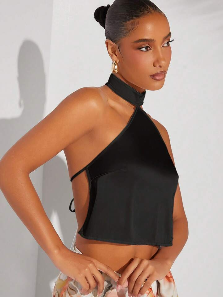 Hauture Halter Neck Tie Backless Top | SHEIN