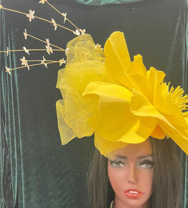 Giant Yellow Flower Fascinator Derby Church Hat Tulle Bow Sticks, Yellow Bridal Wedding Tea Party... | Etsy (US)