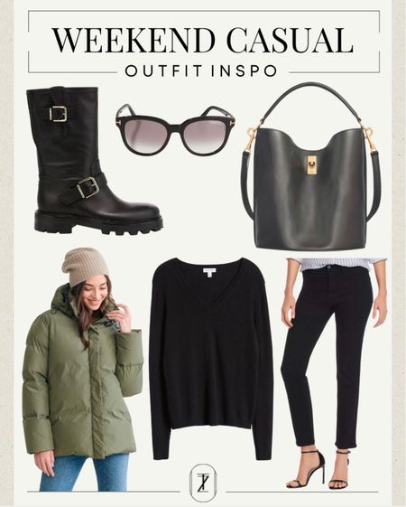 Weekend casual outfit ideas motorcycle boots bucket bag sunglasses cashmere sweater on sale black denim jeans puffer coat 

#LTKshoecrush #LTKstyletip #LTKsalealert
