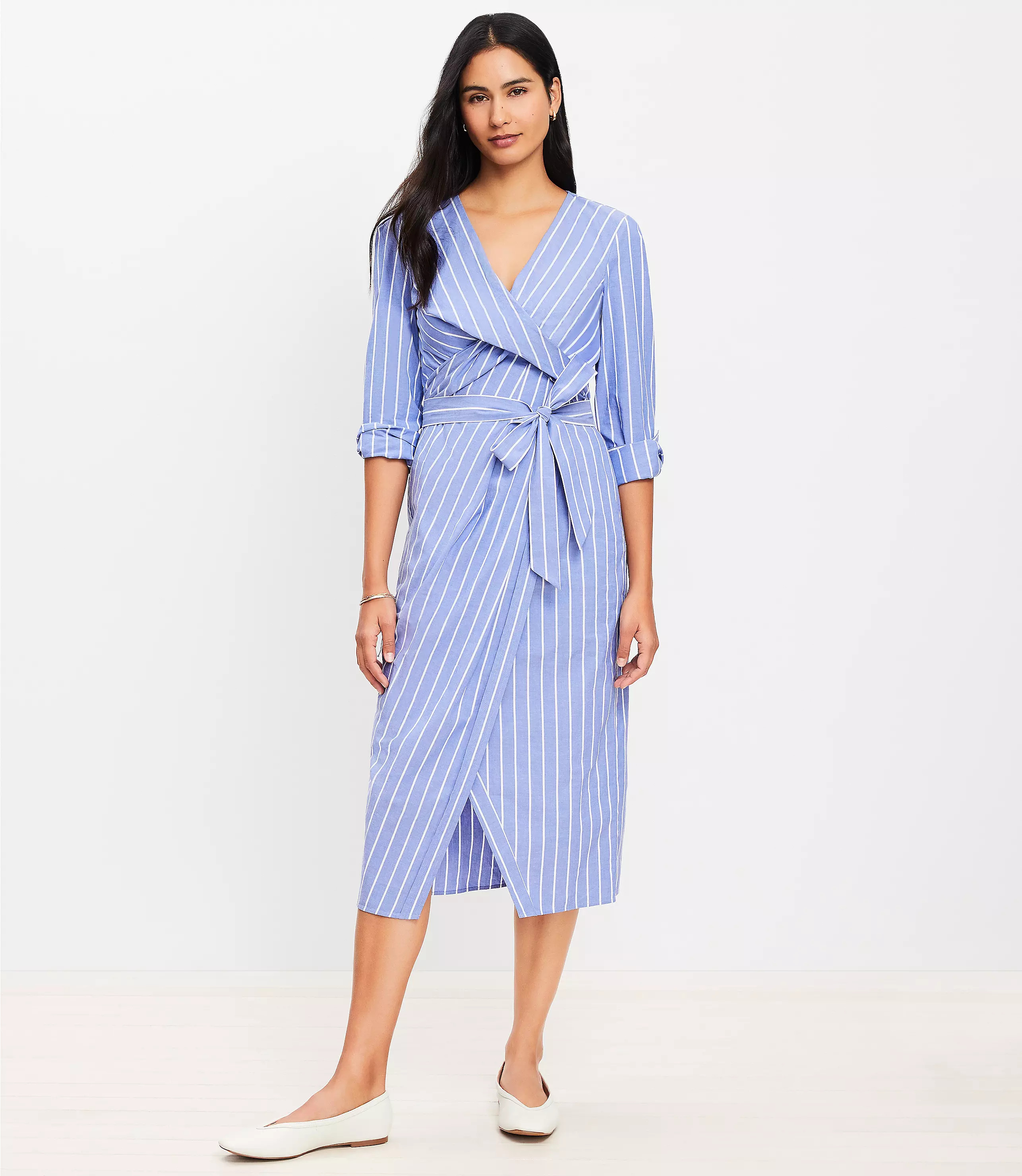 Petite Stripe Twisted Midi Wrap Dress | LOFT