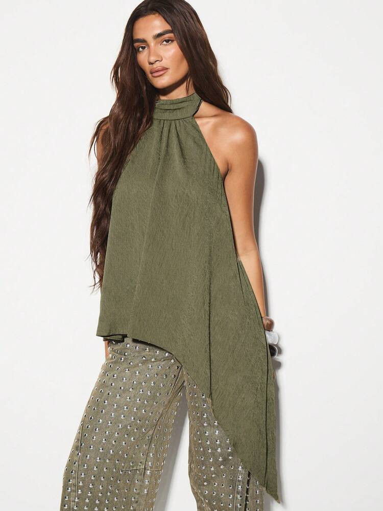 High neck green top | SHEIN