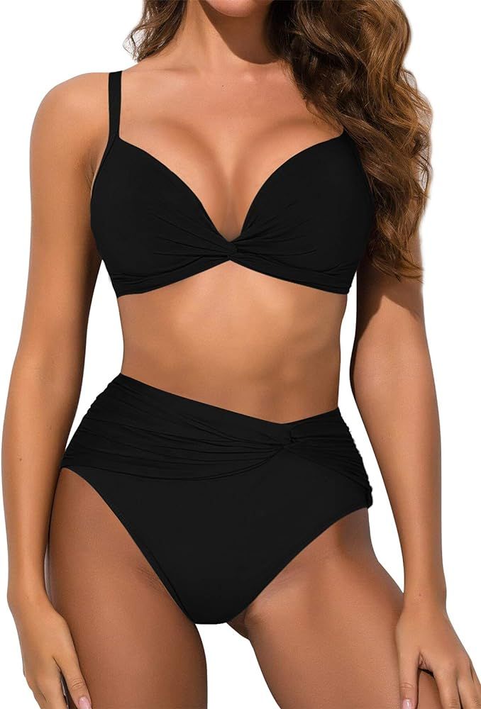 Womens High Waisted Bikini Set Twist Front Cheeky Two Piece Swimsuit | Amazon (US)