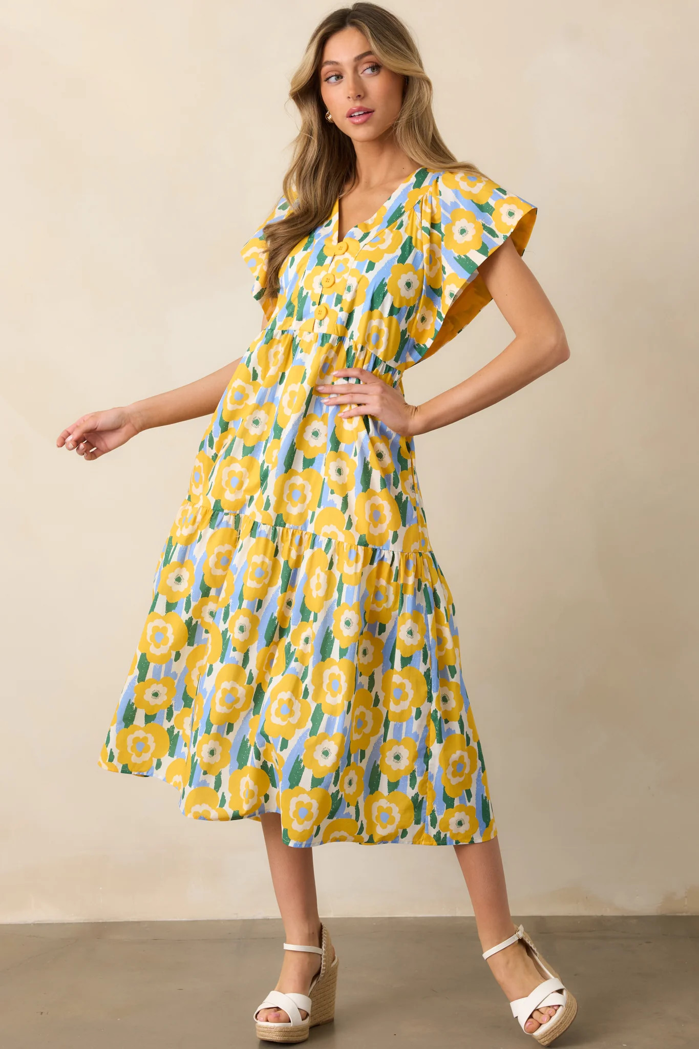 Daisy Date Night Yellow Floral Cotton Midi Dress | Red Dress