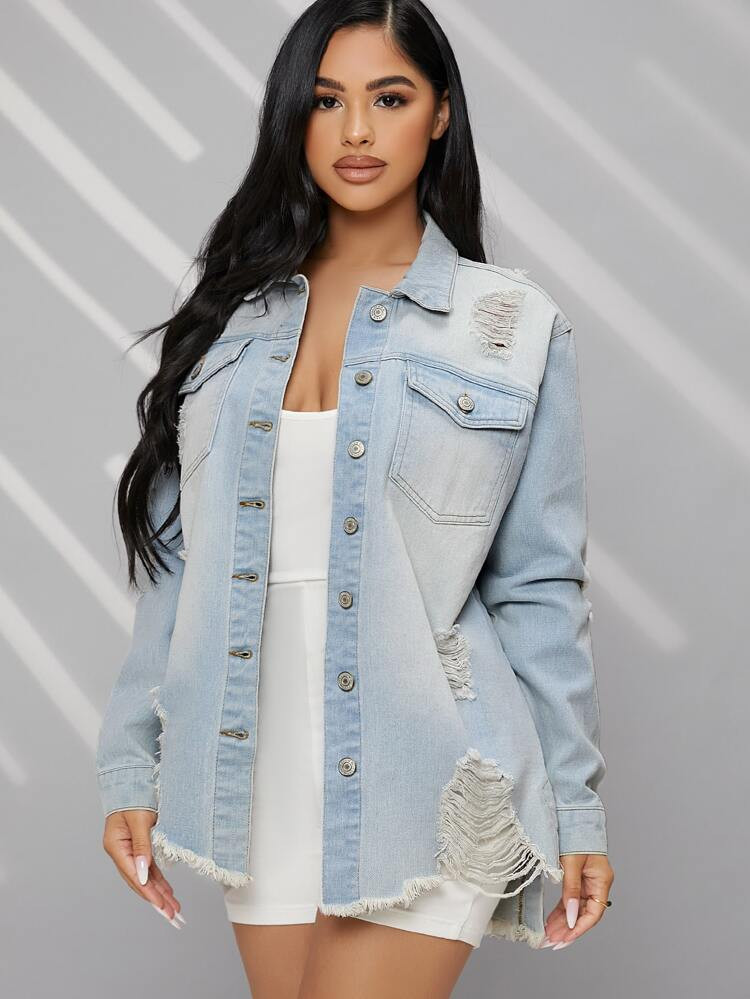 Ripped Raw Hem Button Front Denim Jacket | SHEIN