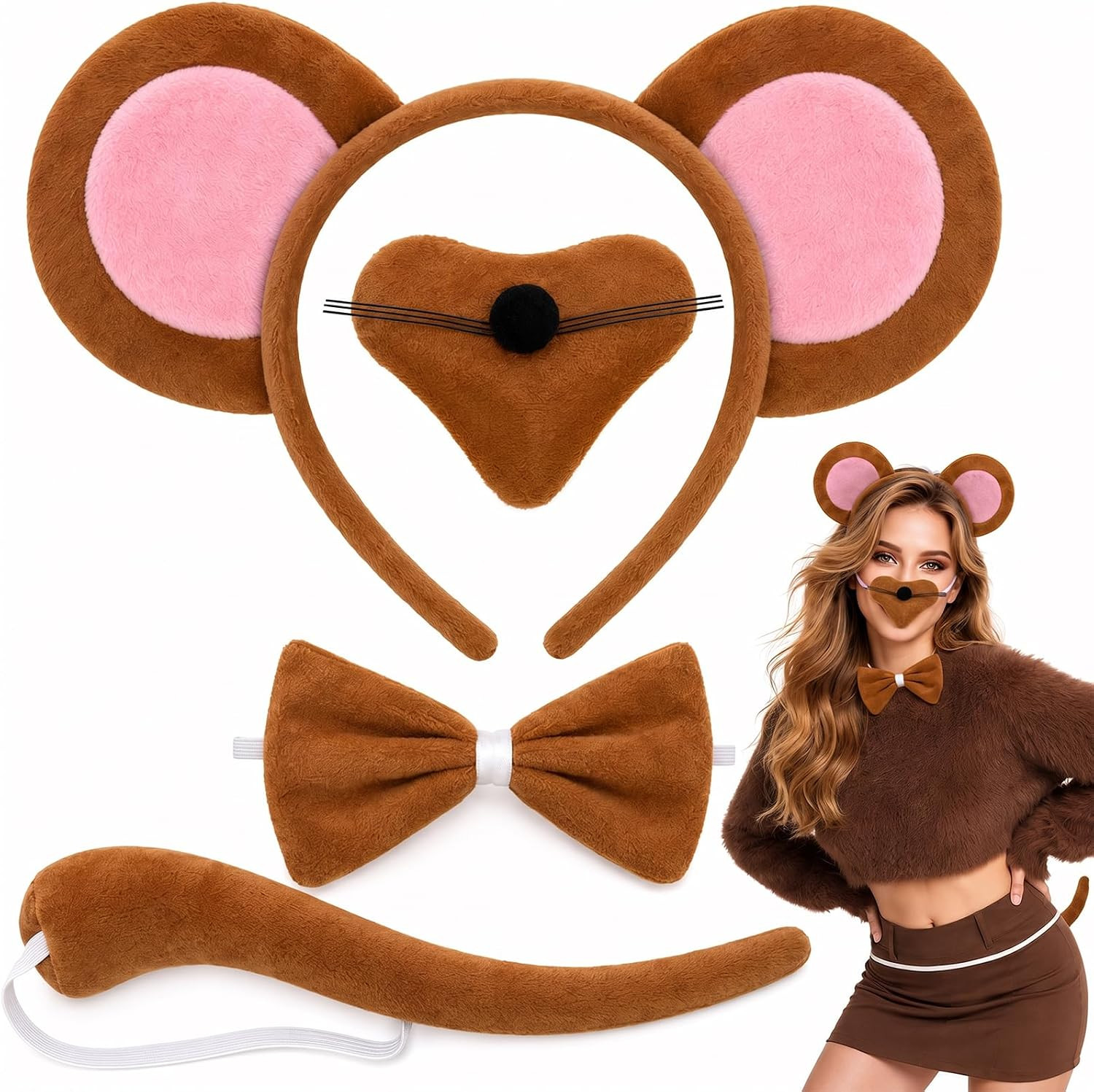 Mouse Costume with Brown Mouse Ears Headband, Tail, Nose & Bow Tie - Animal Dress Costume Kit Accessories for Halloween Cosplay Party Dress Up | Amazon (US)