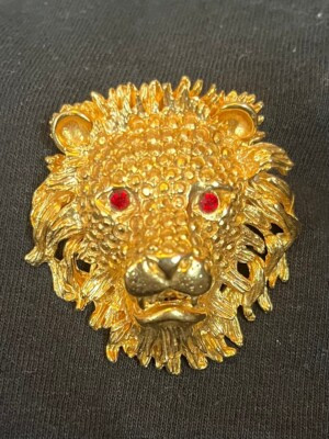 Vintage Gold Tone Sculptural Lion Pin Brooch Red Rhinestone Eyes Figural Leo | eBay US