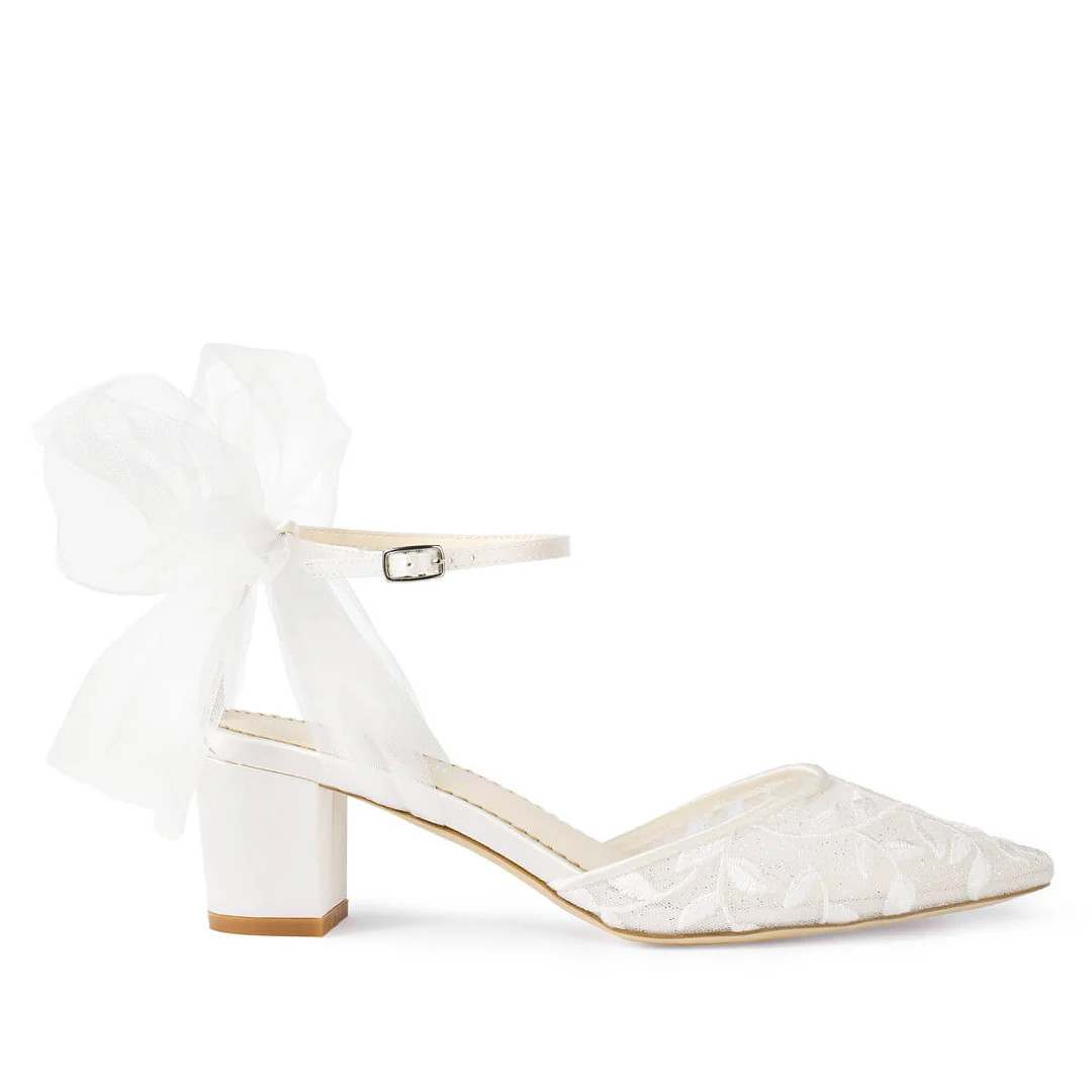 Floral Lace, Tulle Bow, 2-Inch Block-Heel Wedding Shoes with Ankle Straps | Bella Belle Shoes