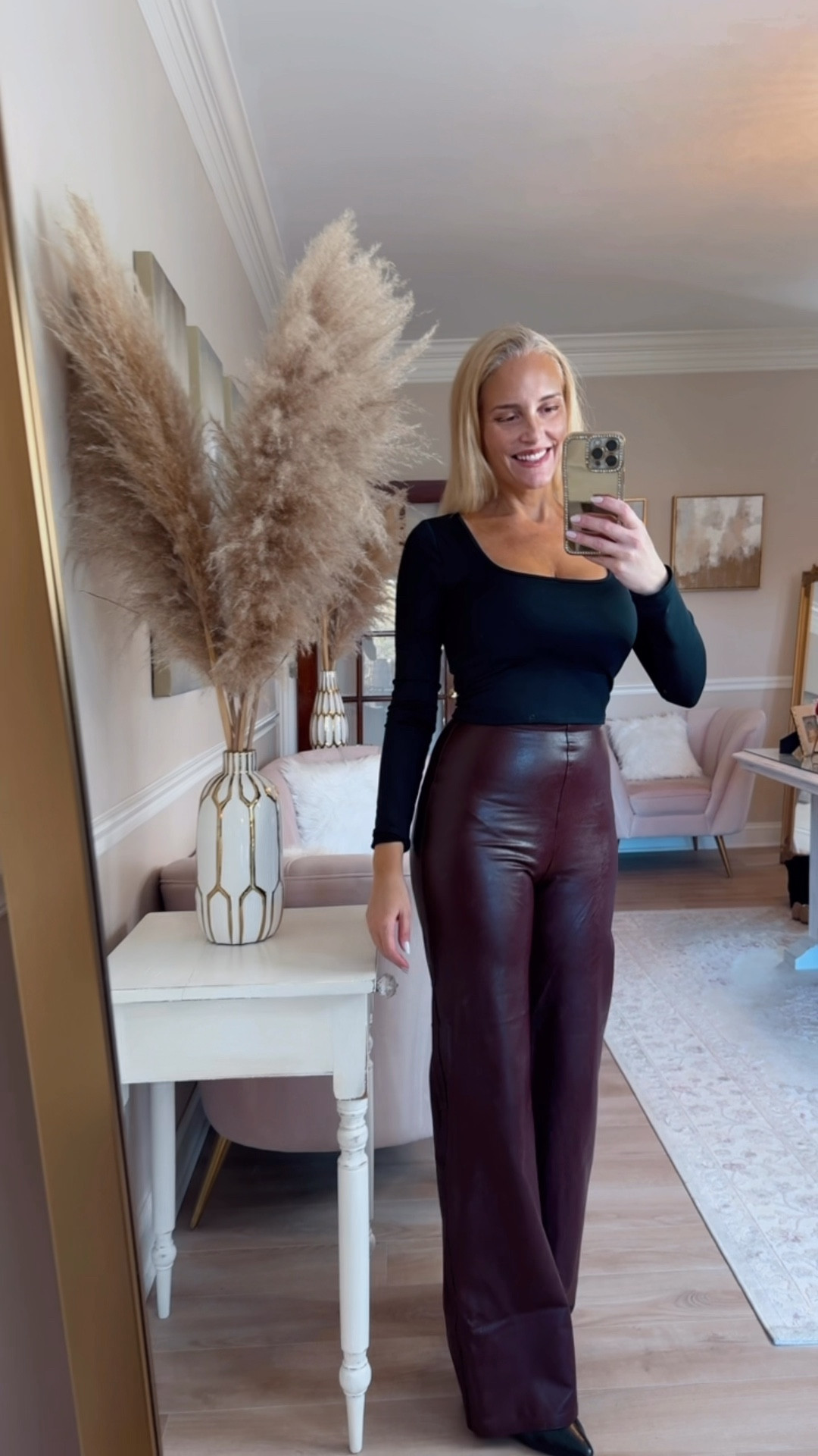 I absolutely adore these faux leather wide leg pants. They are a gorgeous burgundy/oxblood color. So flattering! Wearing a size medium. They also come in black. A nice switch from leather leggings.

#LTKSeasonal #LTKHoliday #LTKOver40