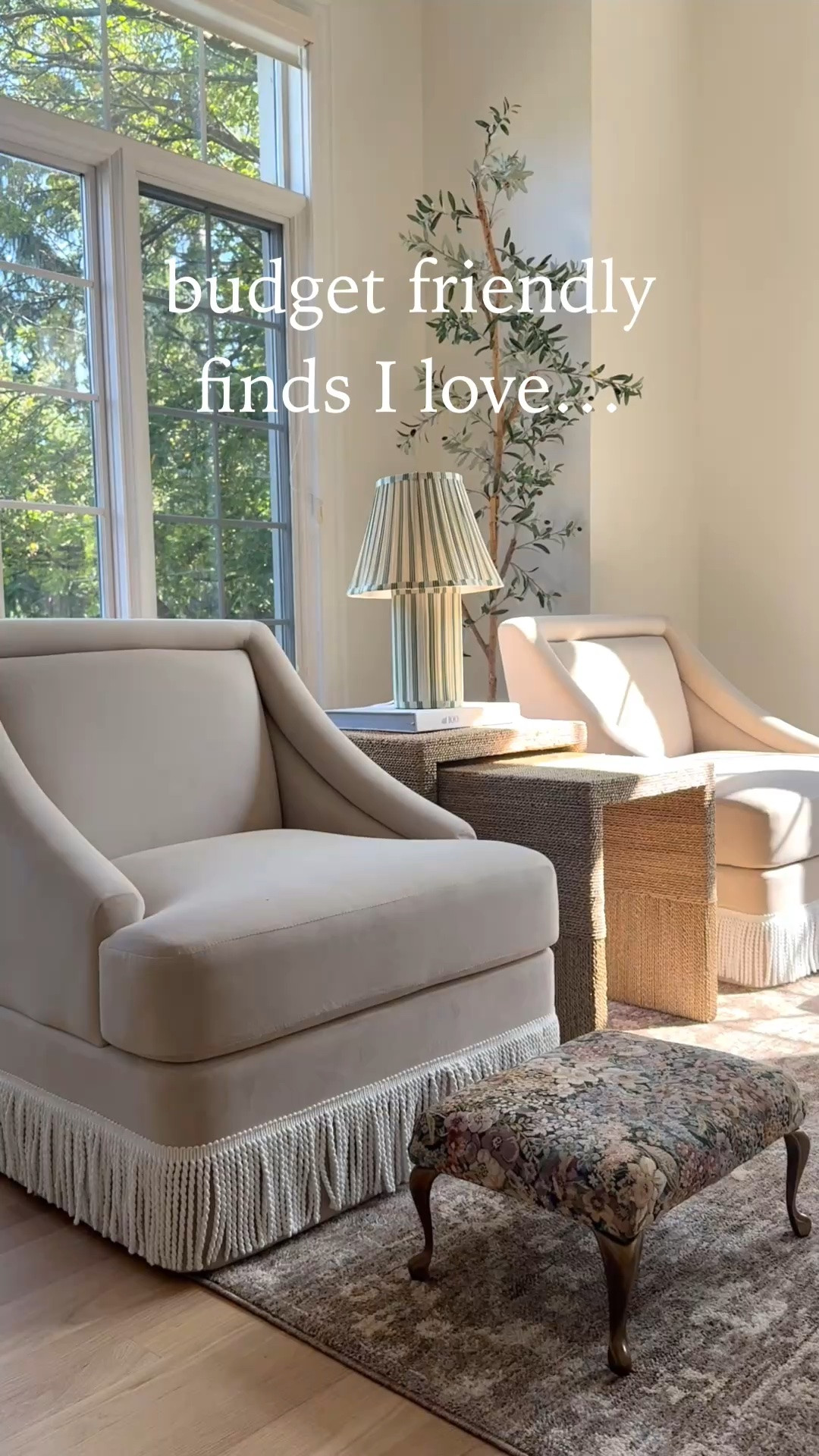 Budget friendly finds I love in our sitting room! 

+ Walmart lamp with stripes
+ woven nesting Target accent table
+ Target accent chairs with fringe
+ pillows are all from Target and Amazon
+ Walmart brass floor mirror
+ gallery wall set that comes framed with matting from Wayfair
+ vase and tray from Target

I love me a good look for less, what can I say 😏

#LTKHome