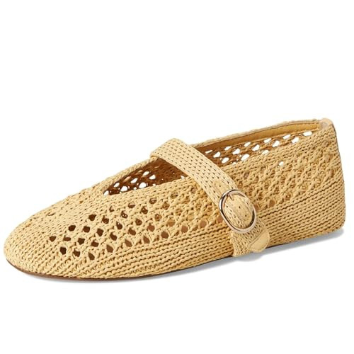 SUIARA Woven Ballet Flats Women Mesh Raffia Flats Round Toe Mary Janes Comfortable Ballerina Flat Shoes Size 7 Natural | Amazon (US)