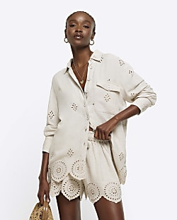 Stone linen blend broderie detail shirt | River Island (UK & IE)
