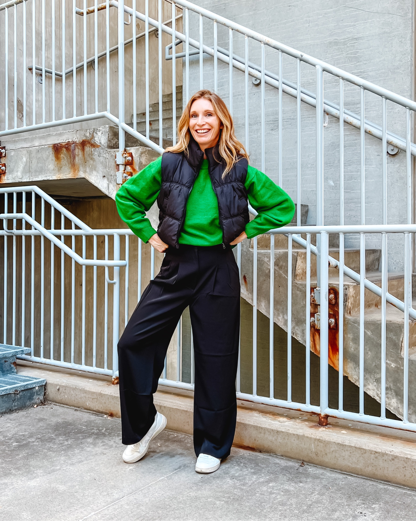 green sweater, puffer vest, veja sneakers, H&M 

#LTKSeasonal #LTKunder50 #LTKstyletip