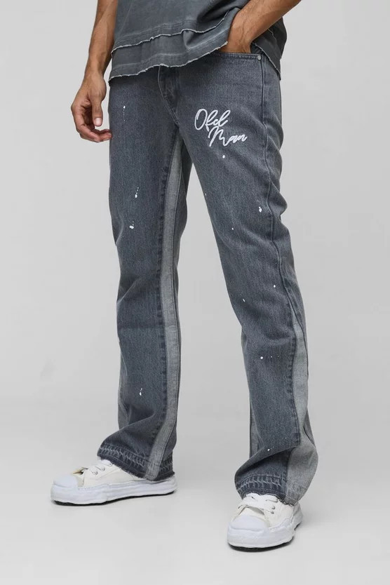 Slim Rigid Flare Embroidery Paint Splatter Gusset Denim Jeans | boohooMAN (US & Canada)