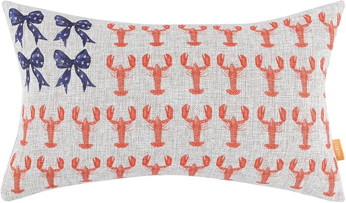 Patriotic Lobster Lumbar Pillow Cover 12x20, Coastal Nautical Summer Pillow Cover, 4th of July De... | Amazon (US)