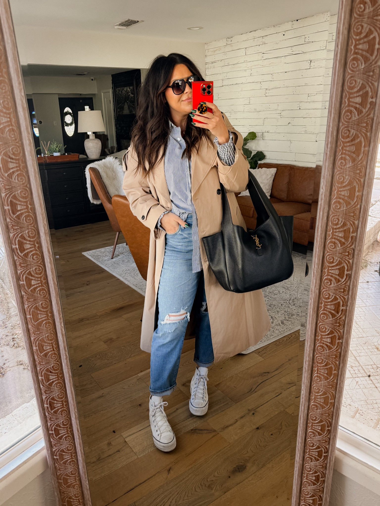 Elevated causal with some closet staples 
Trench: XL
ButtonUp: XL
old Navy Mom Jean: true to size
Platform Converse: Size down 1/2 size


#LTKmidsize #LTKstyletip #LTKfindsunder50