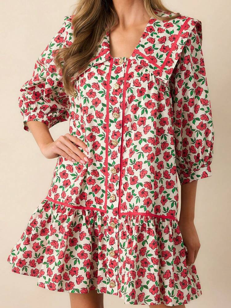 Women's Summer Floral Print Boho Loose Mini Dress 3/4 Sleeve Doll Collared Button Down Casual Ruffle Swing Short Party Dress Beach Sundress | SHEIN