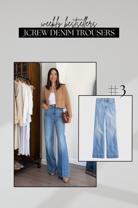 #3 bestseller - jcrew denim trouser 

- available in 6 washes + different inseams 
- I’m wearing size 25 in the classic length, but could’ve gone with the petite length to wear with a shorter heel 
- this is the ‘chambray wash’ 
- the camel sweater cardigan has a few sizes left + is on sale for an extra 60% off! All other colors are also on sale 

Jeans / wide leg jeans / workwear / smart casual 

#LTKstyletip #LTKworkwear
