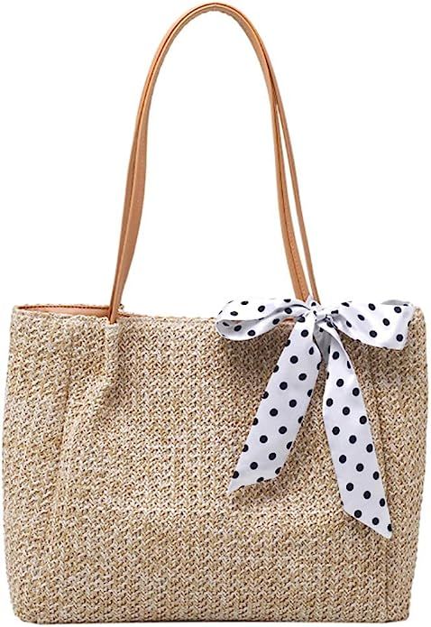 Straw Bags for Women Beach Bags Bowknot Shoulder Bags Straw Purse Summer Woven Bags | Amazon (US)