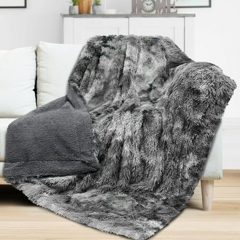 PAVILIA Faux Fur Sherpa Throw Blanket for Couch, Tie-Dye Grey | Shaggy Long Fur Fluffy Throw and ... | Walmart (US)