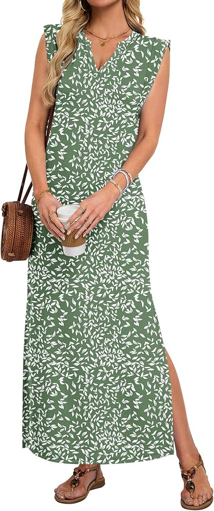 AUSELILY Women's V Neck Maxi Dresses, Straight-Cut Wrinkle-Free, Summer Split Sleeveless Vacation... | Amazon (US)