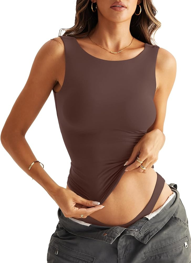 Womens Double Lined Tank Tops Sleeveless Boat Neck Backless Tops Slim Fit Trendy Going Out Summer... | Amazon (US)