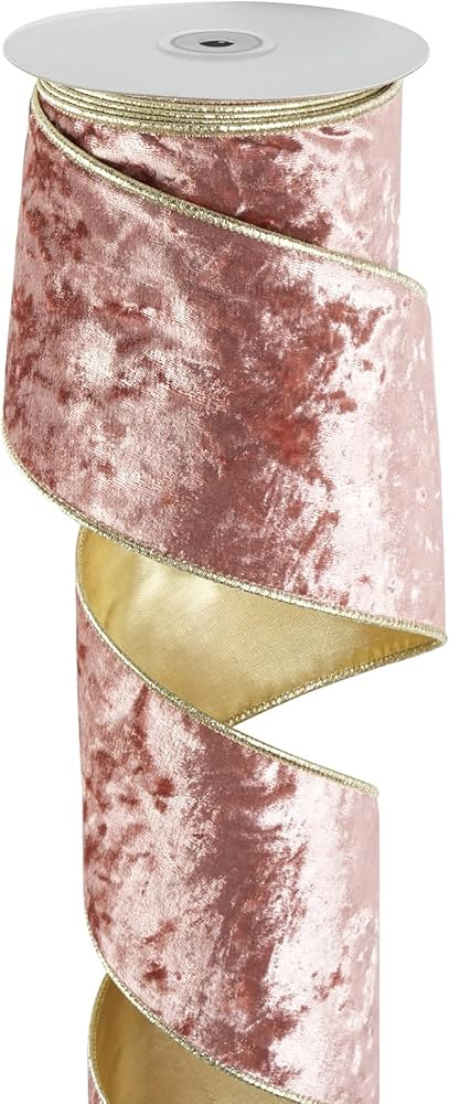 Rose Gold Wired Ribbon 4 Inch x 10 Yards Rose Gold Crushed Velvet ribbon with Gold Backside, Pink... | Amazon (US)