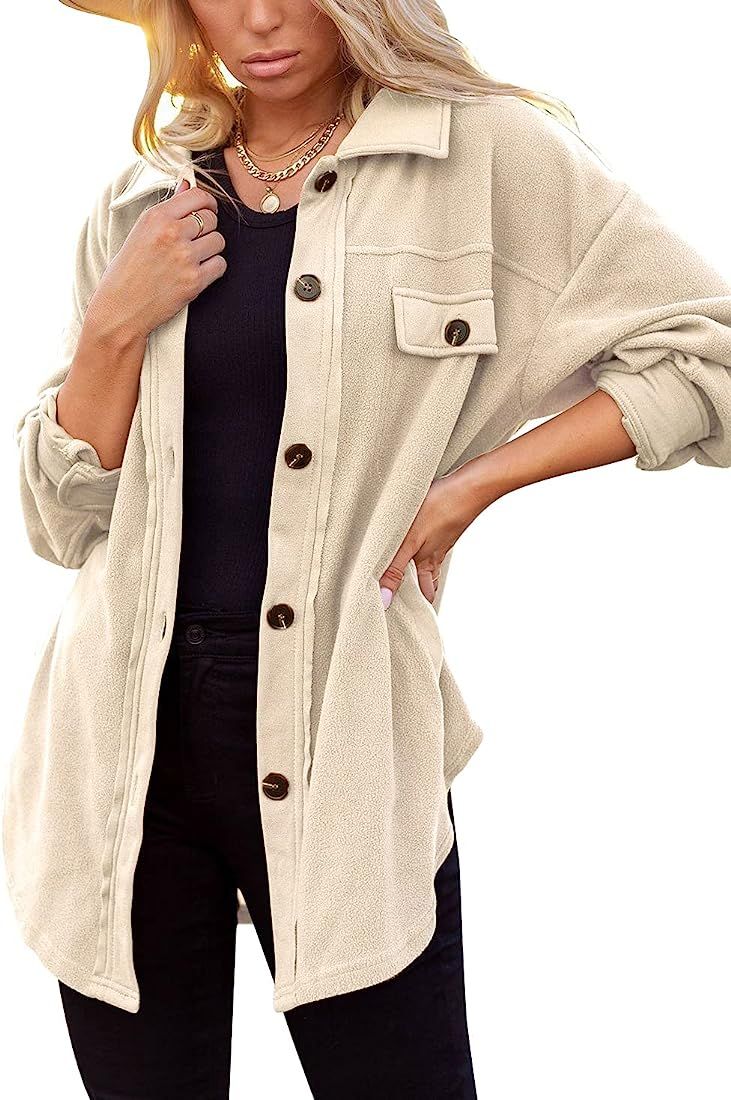 Merryfun Womens Flannel Shirt Jacket Button Down Long Sleeve Oversized Shacket Coat Loose Casual Blo | Amazon (US)