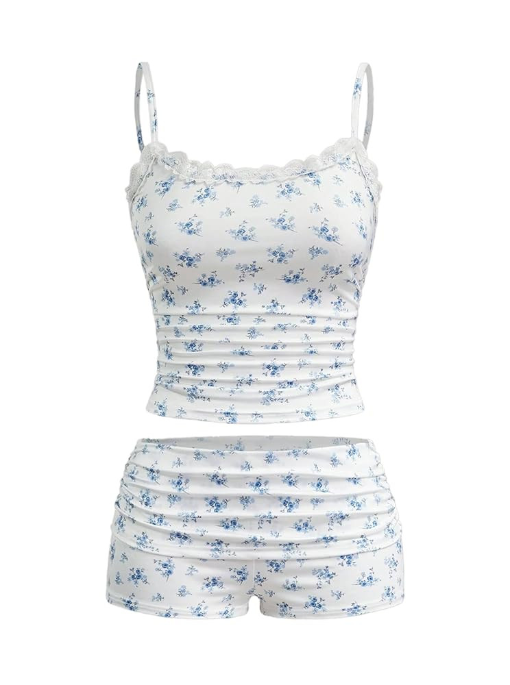 Hilinker Womens Sexy 2 Piece Pajama Set Lace Trim Ruched Cami and Shorts Summer Cute Pjs | Amazon (US)